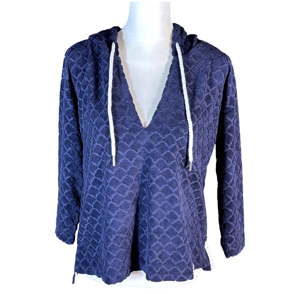 T by Talbots Hoodie NWT Women Size S Navy Blue Textured Scallop V-Neck Pullover